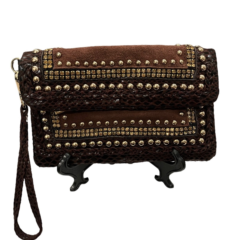 Cache Brown Leather and Suede Studded Wristlet Clutch